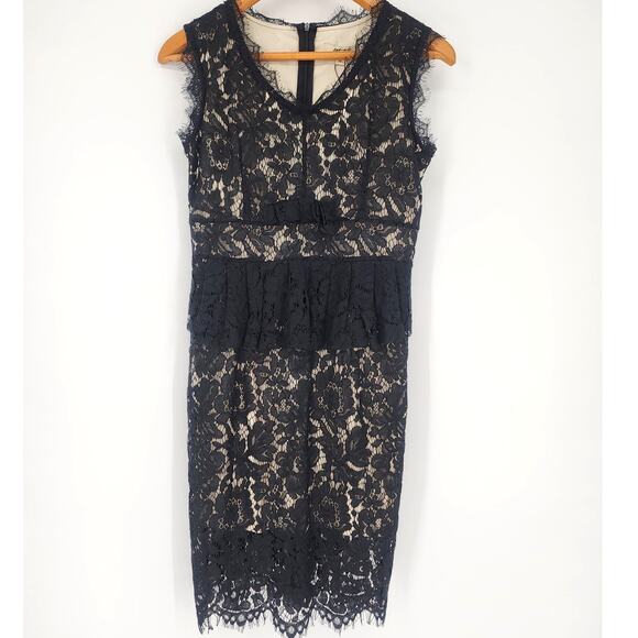 Metisu Black Lace Overlay Sheath Dress with Ruffle & Bow Women’s Size Small - Picture 10 of 10